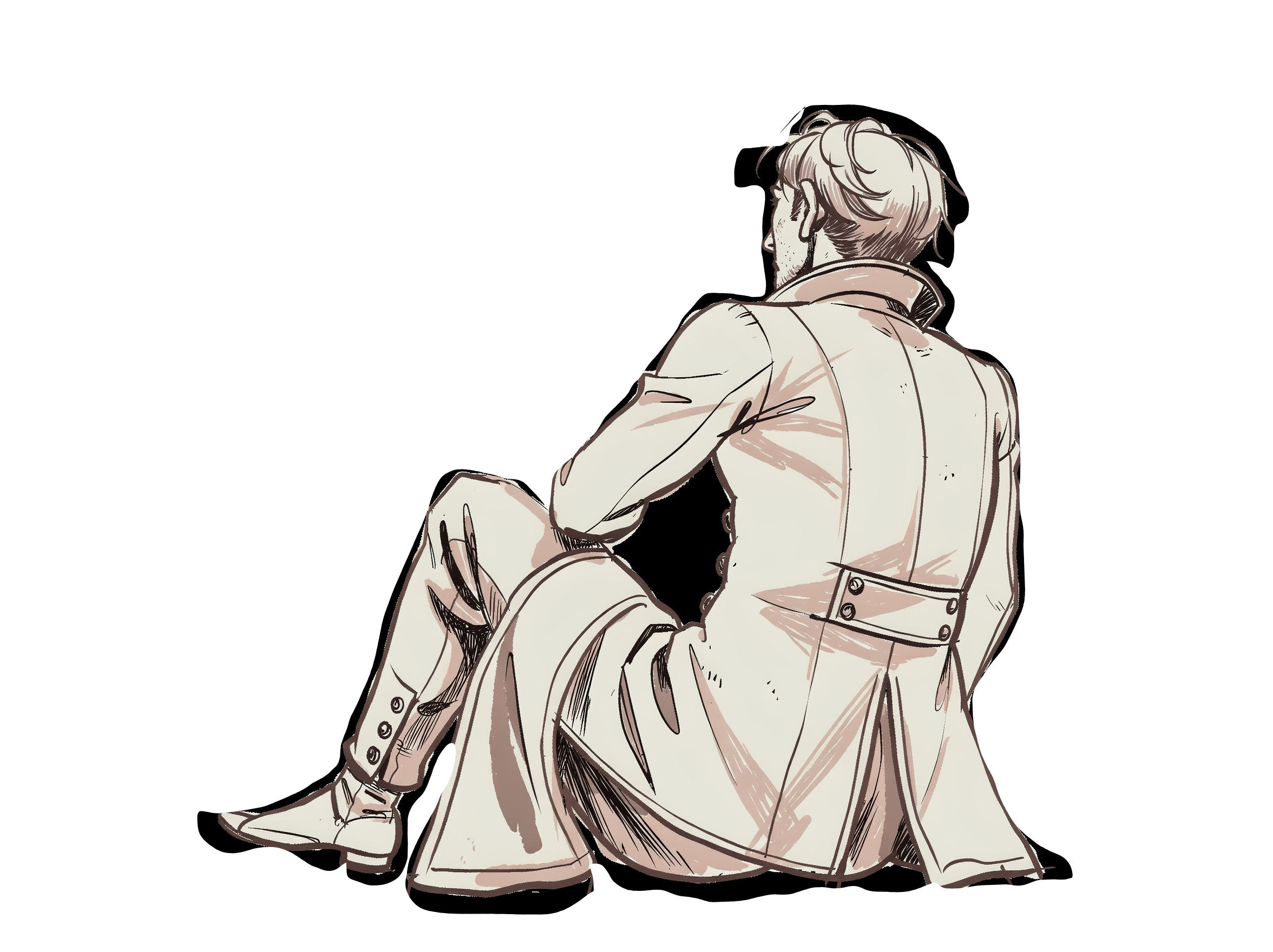 A man in a layered theater diorama — foreground figure, midground environment, background atmosphere