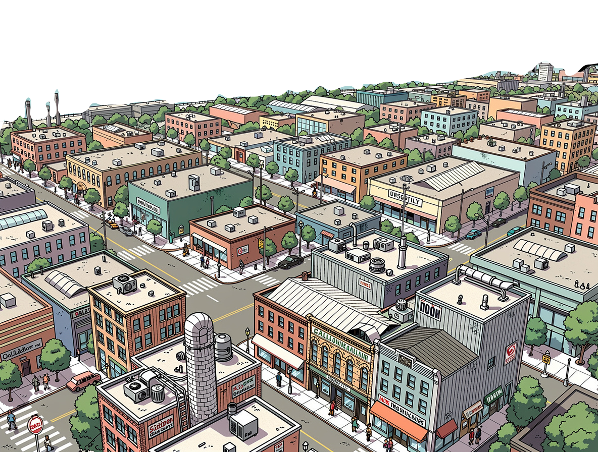 An isometric Oakland cityscape diorama — foreground storefronts, midground street grid, background skyline