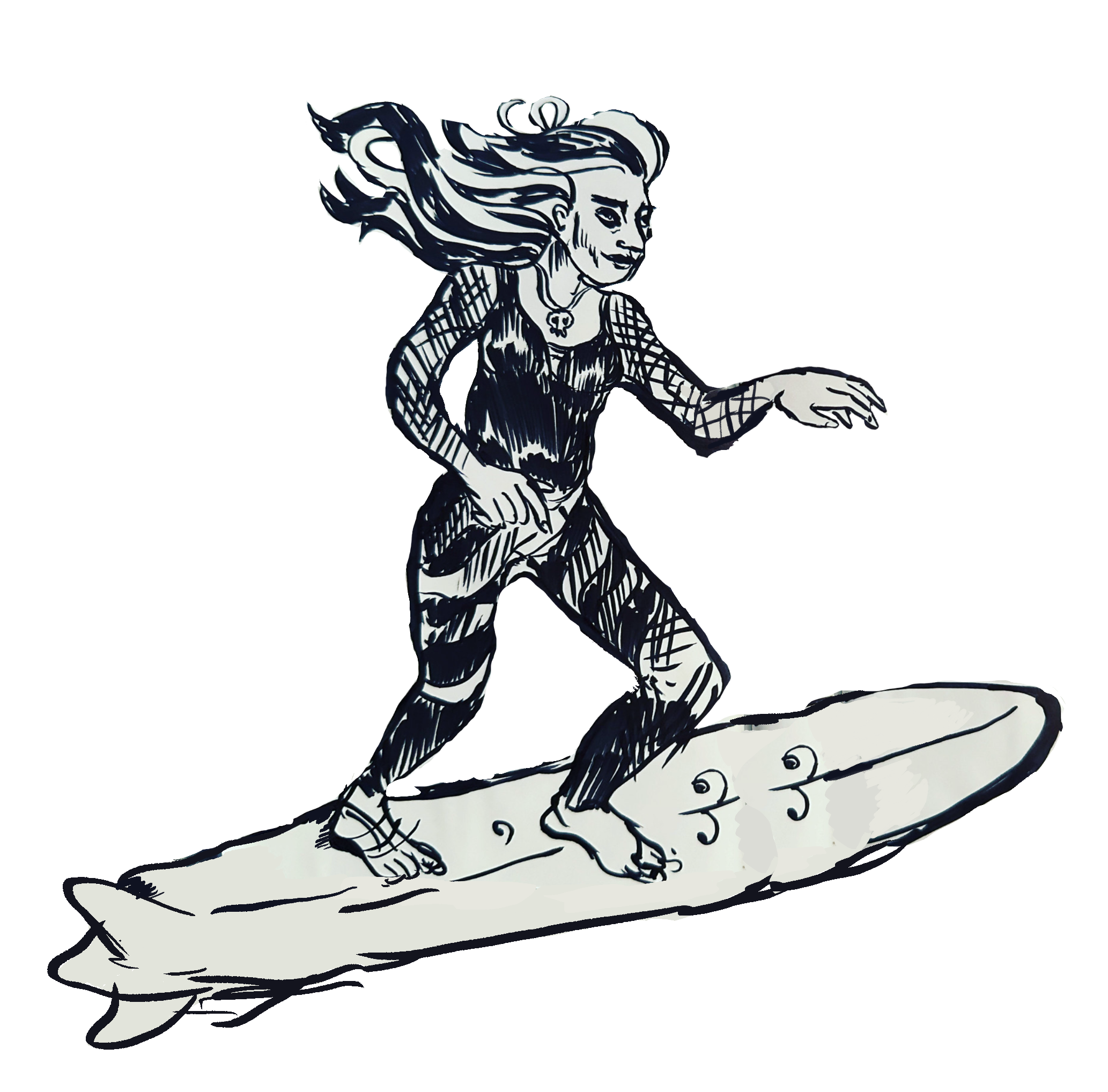 A gothic bruja riding the ocean waves